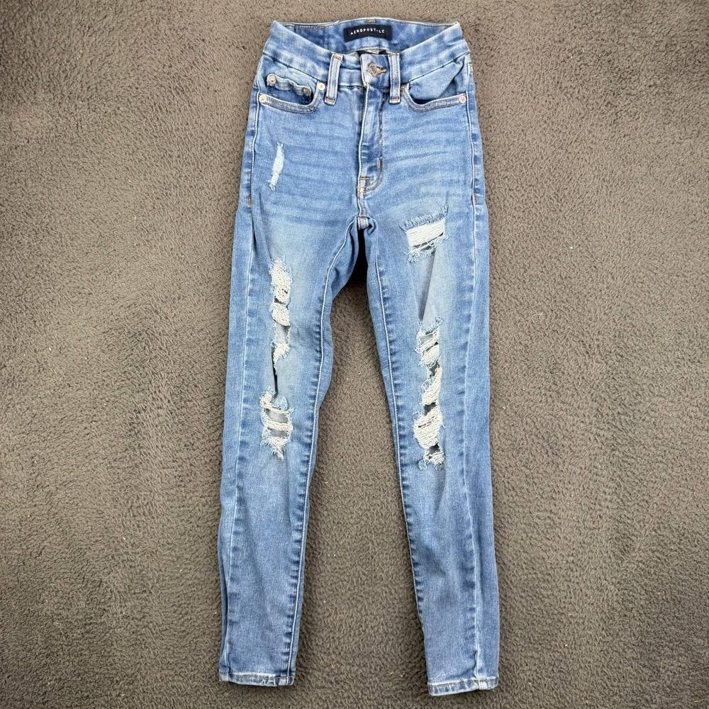 Aeropostale High Rise Curvy Jegging Jeans Blue Distressed Ripped Size 000